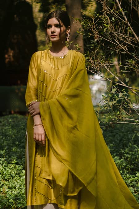 House Of Pink_Green Chanderi, Crushed Cotton Kurta Set_Online_at_Aza_Fashions