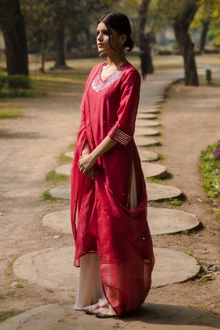 House Of Pink_Red Chanderi, Crushed Cotton Kurta Set_Online_at_Aza_Fashions