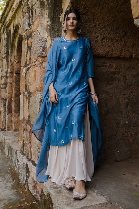 Shop House Of Pink Blue Chanderi, Crushed Cotton Kurta Set at Aza Fashions Shop_House Of Pink_Blue Chanderi, Crushed Cotton Kurta Set_at_Aza_Fashions