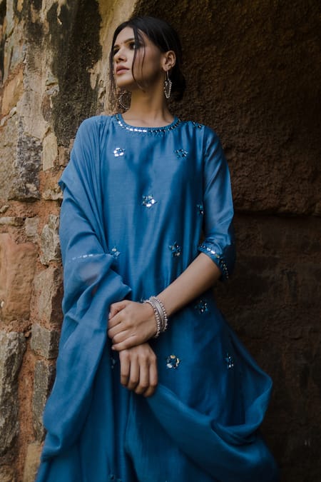 Shop House Of Pink Blue Chanderi, Crushed Cotton Kurta Set Online at Aza Fashions Shop_House Of Pink_Blue Chanderi, Crushed Cotton Kurta Set_Online_at_Aza_Fashions