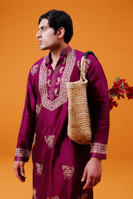 Wabi Sabi By Anshum-Ritesh Magenta Chanderi Embroidery Sea Kurta Set Online at Aza Fashions Wabi Sabi By Anshum-Ritesh_Magenta Chanderi Embroidery Sea Kurta Set _Online_at_Aza_Fashions