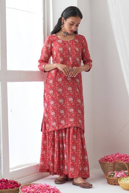 Negra Elegante_Pink Organza, Cotton Silk Digital Print, Mirror Work Peony Kurta Sharara Set_Online_at_Aza_Fashions