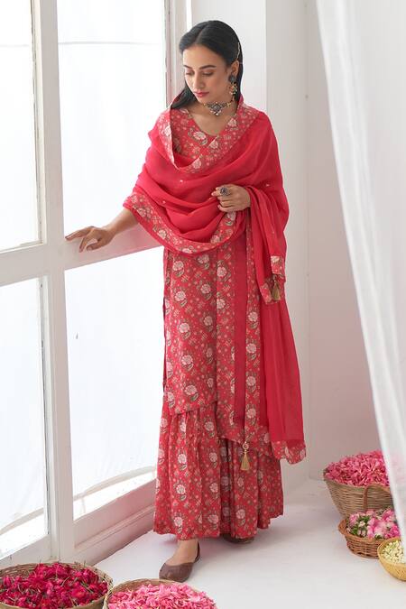 Buy_Negra Elegante_Pink Organza, Cotton Silk Digital Print, Mirror Work Peony Kurta Sharara Set_Online_at_Aza_Fashions