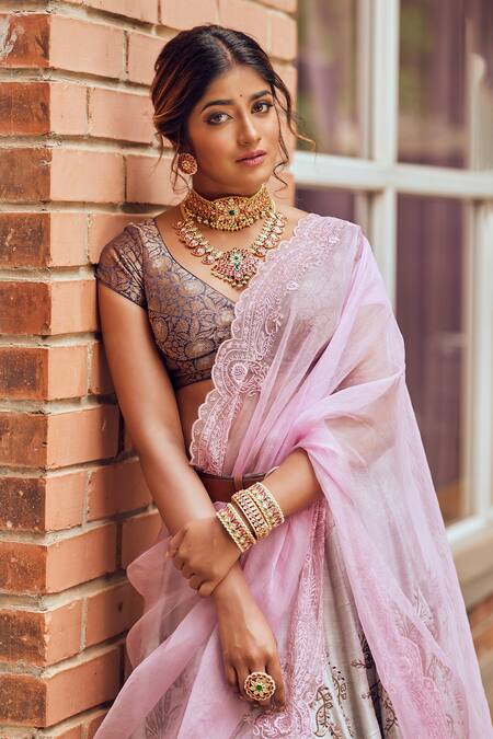 Shop_House Of Three_Blue Dupion Silk, Dupatta Organza Round Afeen Bridal Lehenga Set _Online_at_Aza_Fashions