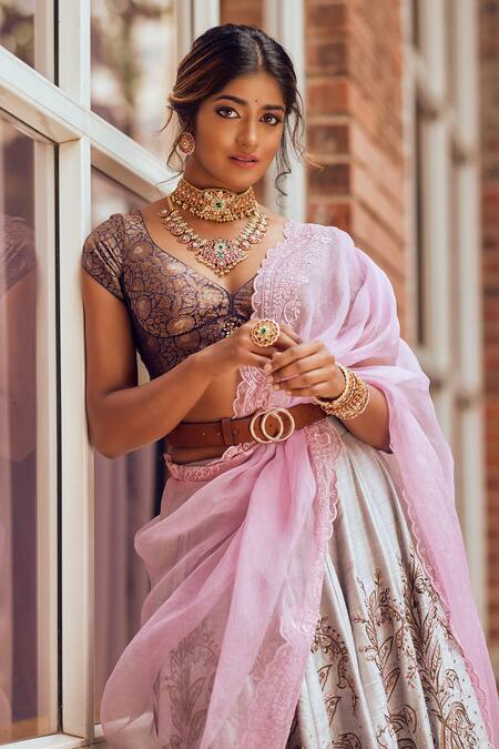 House Of Three_Blue Dupion Silk, Dupatta Organza Round Afeen Bridal Lehenga Set _at_Aza_Fashions