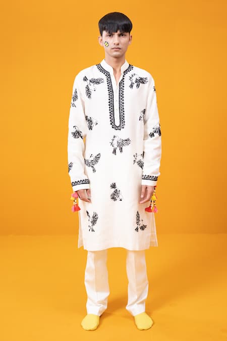 Wabi Sabi By Anshum-Ritesh Ivory Chanderi Embroidery House Sparrows Kurta Set 