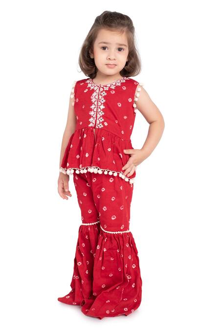 Shop_Neha Gursahani_Red Cotton Tassels, Pom-poms Bandhani Peplum Tunic And Sharara Set _Online_at_Aza_Fashions