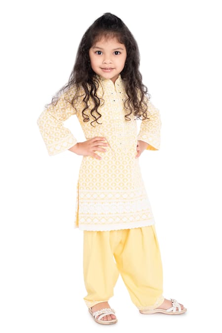 Neha Gursahani Yellow Kurta Cotton Lucknowi Embroidered Set 