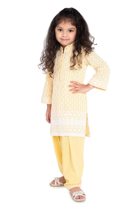 Neha Gursahani Yellow Kurta Cotton Lucknowi Embroidered Set  4