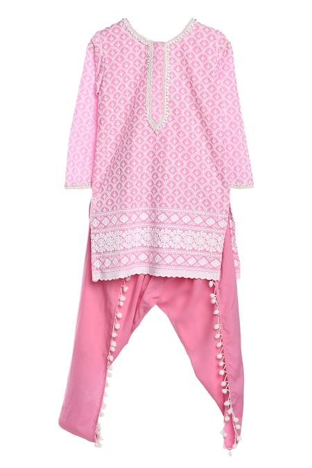 Neha Gursahani_Pink Cotton Pom-poms, Sequins Lucknowi Kurta And Dhoti Pant Set _Online_at_Aza_Fashions
