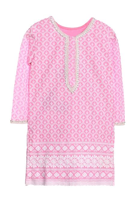 Shop_Neha Gursahani_Pink Cotton Pom-poms, Sequins Lucknowi Kurta And Dhoti Pant Set _Online_at_Aza_Fashions