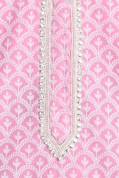 Neha Gursahani_Pink Cotton Pom-poms, Sequins Lucknowi Kurta And Dhoti Pant Set _at_Aza_Fashions