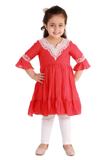 Neha Gursahani_Red Silk, Voile Embroidery Tunic _Online_at_Aza_Fashions