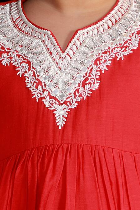 Neha Gursahani_Red Silk, Voile Embroidery Tunic _at_Aza_Fashions