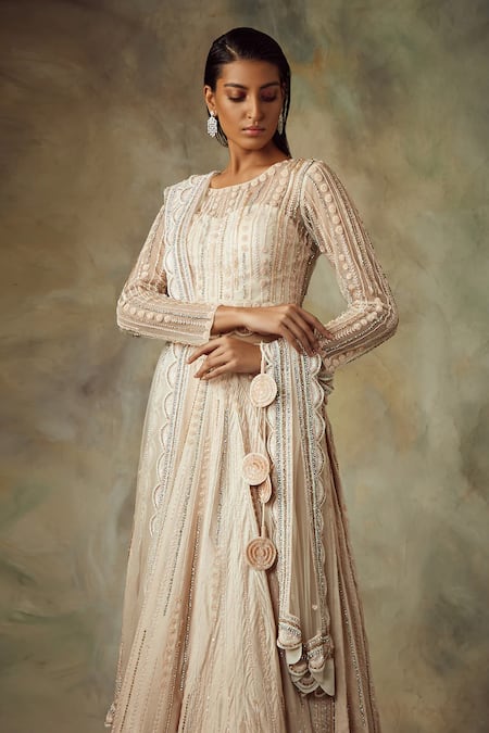 Shilpi Gupta_Beige Satin, Silk Sequins, Embroidery, Cut Work Round Resham Bridal Lehenga Set _Online_at_Aza_Fashions