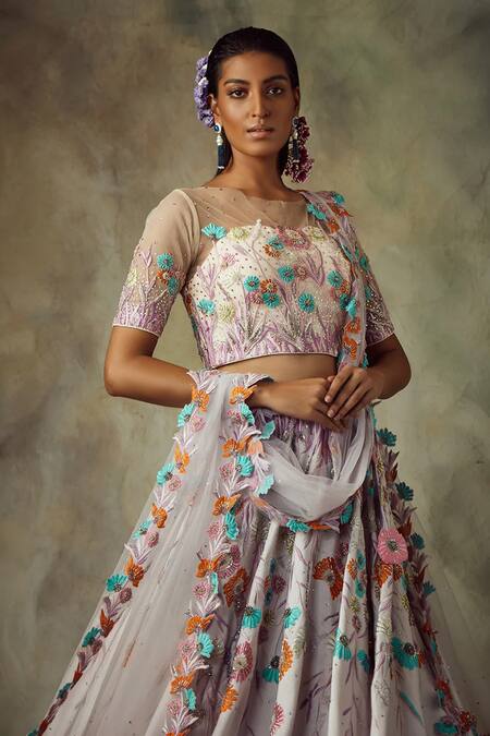 Shilpi Gupta_Purple Silk Satin Sequins, Beads Round Neck Embroidered Bridal Lehenga Set _Online_at_Aza_Fashions