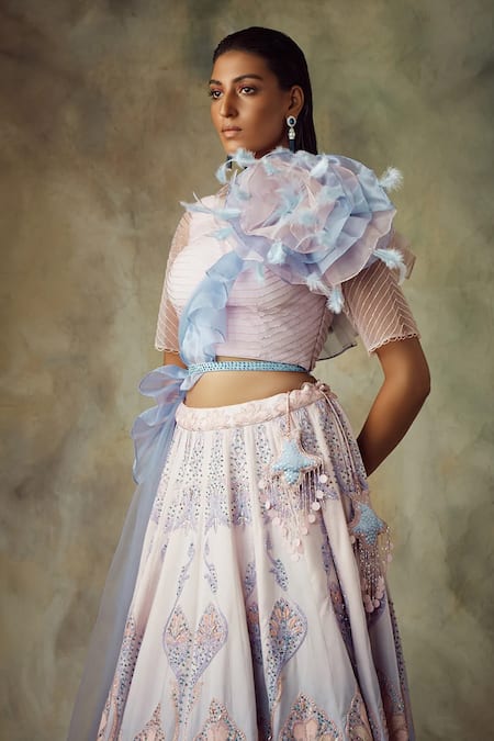 Shilpi Gupta_Pink Silk Satin Embroidery Round Neck Flamingo Motifs Lehenga Set _Online_at_Aza_Fashions