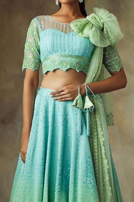 Shilpi Gupta_Blue , Net, Satin Sequins, Beads Round Hand Embroidered Lehenga Set _Online_at_Aza_Fashions