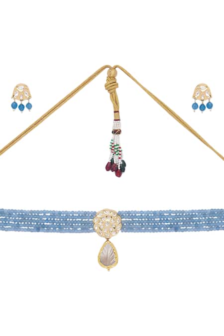 HRISHA_Blue Kundan Polki Agates And Mother Of Pearl Necklace Set _Online_at_Aza_Fashions