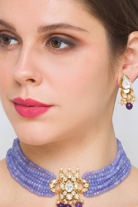 Buy_HRISHA_Gold Plated Kundan Polki Brass And Agates Choker Set_Online_at_Aza_Fashions