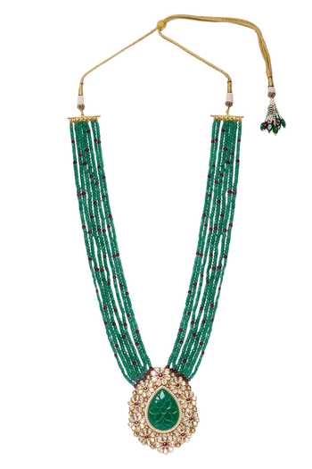 HRISHA_Gold Plated Agate, Kundan Polki Pendant Necklace Set_Online_at_Aza_Fashions
