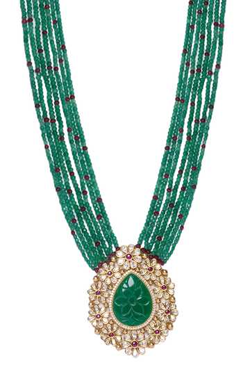 HRISHA_Gold Plated Agate, Kundan Polki Pendant Necklace Set_at_Aza_Fashions