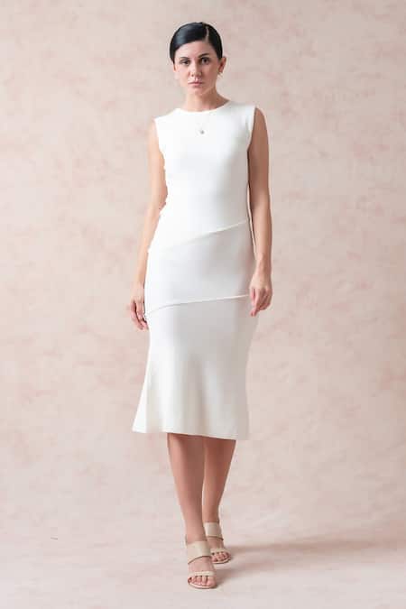 Shop Thetaa White Cotton, Rayon, Spandex Round Neck, Shawl Solid Bodycon Dress With Cover-up Online at Aza Fashions Shop_Thetaa_White Cotton, Rayon, Spandex Round Neck, Shawl Solid Bodycon Dress With Cover-up _Online_at_Aza_Fashions
