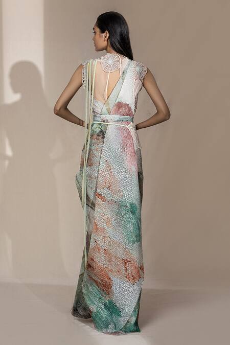 Shop Abhishek Sharma Red Georgette Abstract And Pearl Round Printed Pre-draped Saree With Blouse at Aza Fashions Shop_Abhishek Sharma_Red Georgette Abstract And Pearl Round Printed Pre-draped Saree With Blouse_at_Aza_Fashions