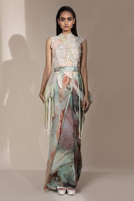 Abhishek Sharma Red Georgette Abstract And Pearl Round Printed Pre-draped Saree With Blouse Online at Aza Fashions Abhishek Sharma_Red Georgette Abstract And Pearl Round Printed Pre-draped Saree With Blouse_Online_at_Aza_Fashions