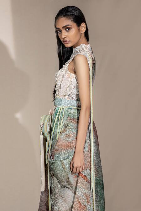 Shop Abhishek Sharma Red Georgette Abstract And Pearl Round Printed Pre-draped Saree With Blouse Online at Aza Fashions Shop_Abhishek Sharma_Red Georgette Abstract And Pearl Round Printed Pre-draped Saree With Blouse_Online_at_Aza_Fashions