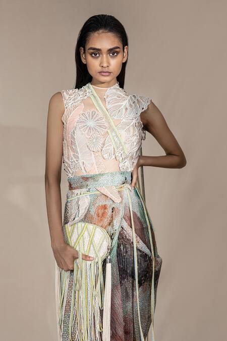 Abhishek Sharma Red Georgette Abstract And Pearl Round Printed Pre-draped Saree With Blouse at Aza Fashions Abhishek Sharma_Red Georgette Abstract And Pearl Round Printed Pre-draped Saree With Blouse_at_Aza_Fashions