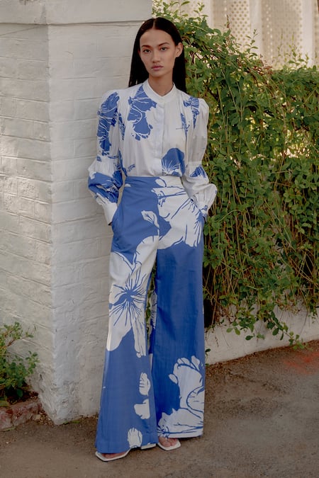 Koai Blue Poplin Cotton Floral Pattern Pant 