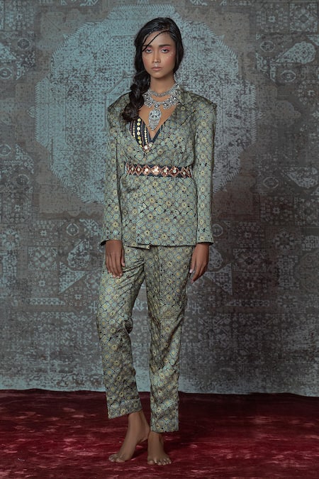 NIDHIKA SHEKHAR Blue Modal Crop Top V Neck, Jacket Notched Lapel Printed And Pant Set