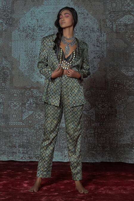 NIDHIKA SHEKHAR Blue Modal Crop Top V Neck, Jacket Notched Lapel Printed And Pant Set Online at Aza Fashions NIDHIKA SHEKHAR_Blue Modal Crop Top V Neck, Jacket Notched Lapel Printed And Pant Set _Online_at_Aza_Fashions