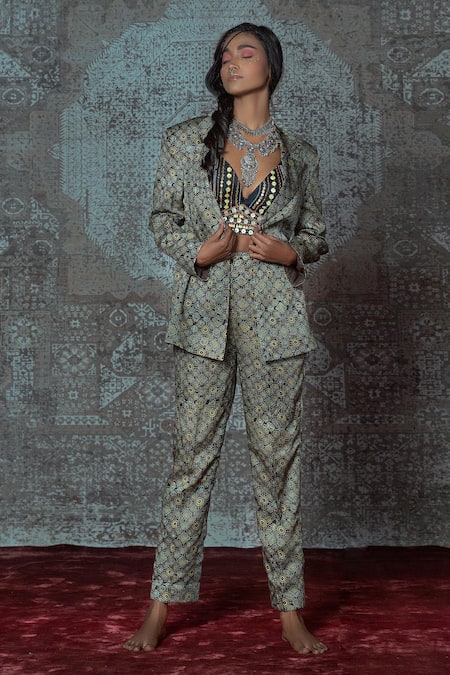 Shop NIDHIKA SHEKHAR Blue Modal Crop Top V Neck, Jacket Notched Lapel Printed And Pant Set at Aza Fashions Shop_NIDHIKA SHEKHAR_Blue Modal Crop Top V Neck, Jacket Notched Lapel Printed And Pant Set _at_Aza_Fashions