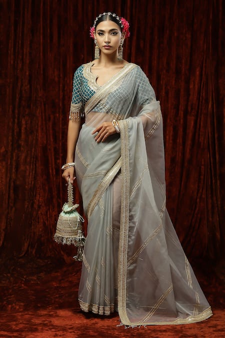 Amazon.com: Ethnic Asia Pure Satin Saree Cream Colour Sari Badla Zari  Embroidery Heavy Blouse Work With Unstitched Blouse : Clothing, Shoes &  Jewelry