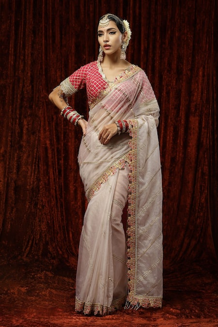 SHIKHAR SHARMA Silk Organza Embroidered Saree With Blouse 