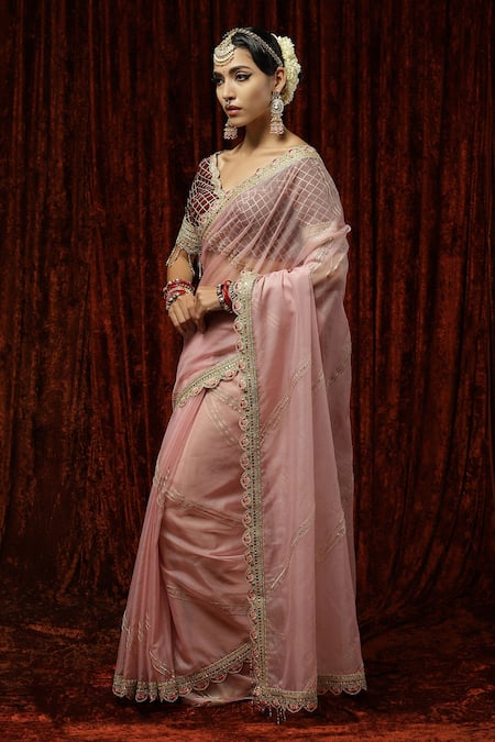 Shikhar Sharma_Pink Embroidered Badla Scallop V Neck Striped Saree With Blouse _Online_at_Aza_Fashions