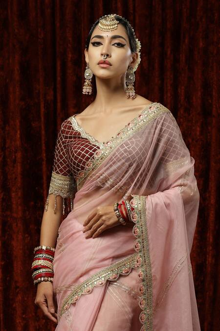 Buy_Shikhar Sharma_Pink Embroidered Badla Scallop V Neck Striped Saree With Blouse _Online_at_Aza_Fashions