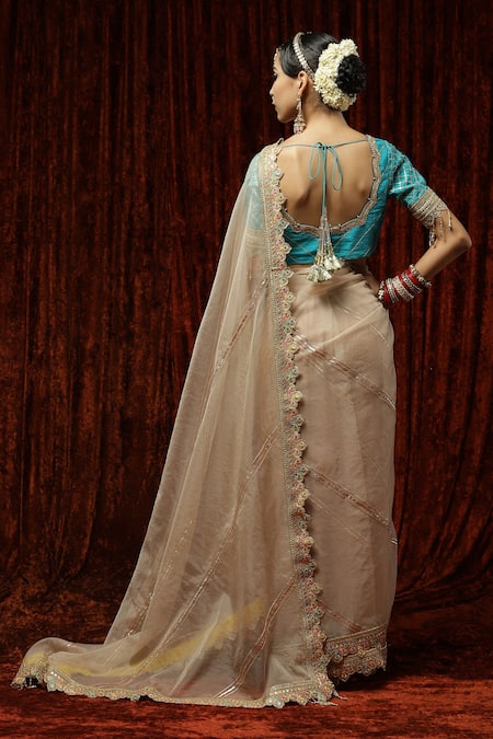 Shop Shikhar Sharma Beige Embroidered Badla Scallop V Neck Border Saree With Blouse at Aza Fashions Shop_Shikhar Sharma_Beige Embroidered Badla Scallop V Neck Border Saree With Blouse _at_Aza_Fashions