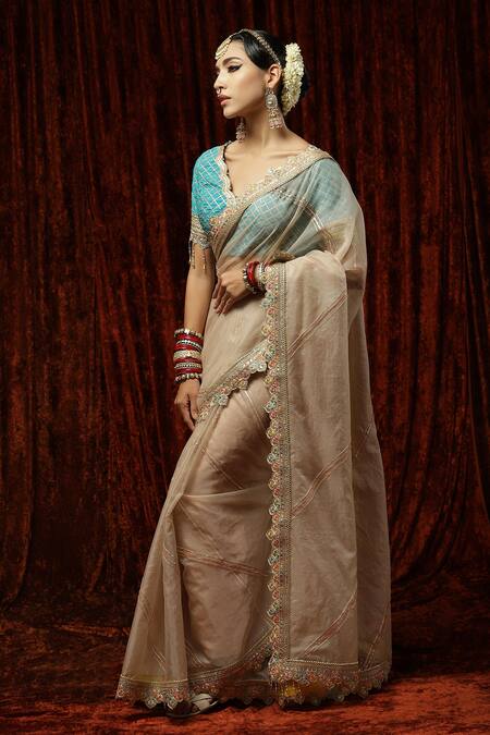 Shikhar Sharma Beige Embroidered Badla Scallop V Neck Border Saree With Blouse Online at Aza Fashions Shikhar Sharma_Beige Embroidered Badla Scallop V Neck Border Saree With Blouse _Online_at_Aza_Fashions