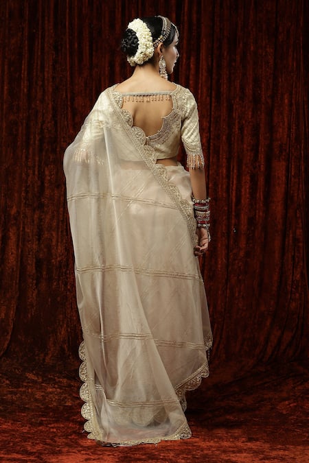 Shop Shikhar Sharma Ivory Badla, Crystal, Gota, Kasab, Embroidered Saree With Silk Chanderi Blouse at Aza Fashions Shop_Shikhar Sharma_Ivory Badla, Crystal, Gota, Kasab, Embroidered Saree With Silk Chanderi Blouse _at_Aza_Fashions