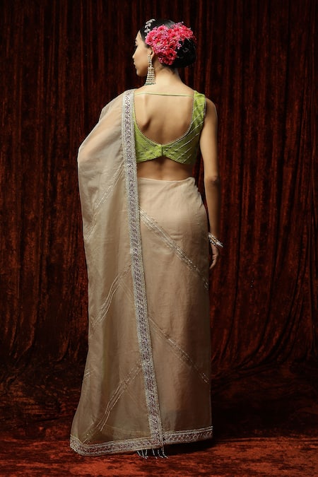 Shop Shikhar Sharma Beige Embroidered Badla Round Silk Organza Saree With Blouse at Aza Fashions Shop_Shikhar Sharma_Beige Embroidered Badla Round Silk Organza Saree With Blouse _at_Aza_Fashions