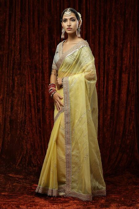 Shikhar Sharma Yellow Embroidered Badla V Neck Silk Organza Saree With Blouse Online at Aza Fashions Shikhar Sharma_Yellow Embroidered Badla V Neck Silk Organza Saree With Blouse _Online_at_Aza_Fashions