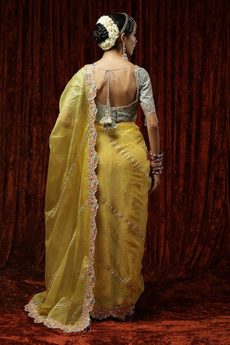 Shop Shikhar Sharma Yellow Embroidered Badla Scallop V Neck Saree With Silk Chanderi Blouse at Aza Fashions Shop_Shikhar Sharma_Yellow Embroidered Badla Scallop V Neck Saree With Silk Chanderi Blouse _at_Aza_Fashions