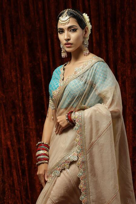 Buy Shikhar Sharma Beige Embroidered Badla Scallop V Neck Border Saree With Blouse Online at Aza Fashions Buy_Shikhar Sharma_Beige Embroidered Badla Scallop V Neck Border Saree With Blouse _Online_at_Aza_Fashions