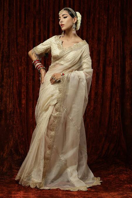 Shikhar Sharma Ivory Badla, Crystal, Gota, Kasab, Embroidered Saree With Silk Chanderi Blouse Online at Aza Fashions Shikhar Sharma_Ivory Badla, Crystal, Gota, Kasab, Embroidered Saree With Silk Chanderi Blouse _Online_at_Aza_Fashions