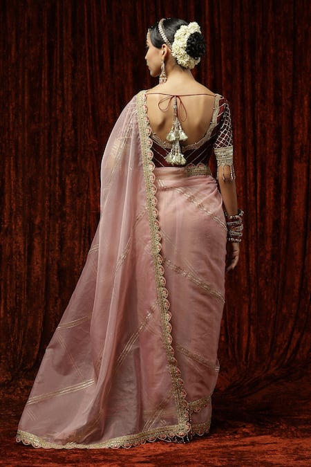 Shop_Shikhar Sharma_Pink Embroidered Badla Scallop V Neck Striped Saree With Blouse _at_Aza_Fashions