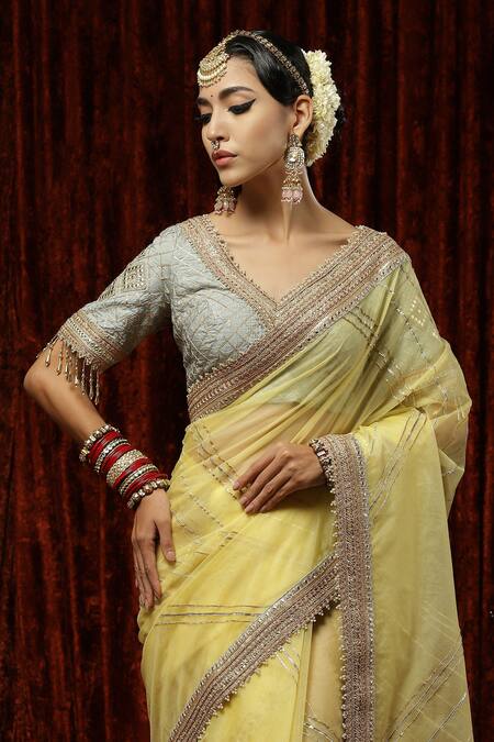 Buy Shikhar Sharma Yellow Embroidered Badla V Neck Silk Organza Saree With Blouse Online at Aza Fashions Buy_Shikhar Sharma_Yellow Embroidered Badla V Neck Silk Organza Saree With Blouse _Online_at_Aza_Fashions
