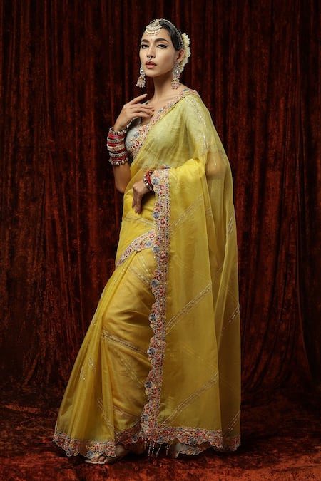 Shikhar Sharma Yellow Embroidered Badla Scallop V Neck Saree With Silk Chanderi Blouse Online at Aza Fashions Shikhar Sharma_Yellow Embroidered Badla Scallop V Neck Saree With Silk Chanderi Blouse _Online_at_Aza_Fashions